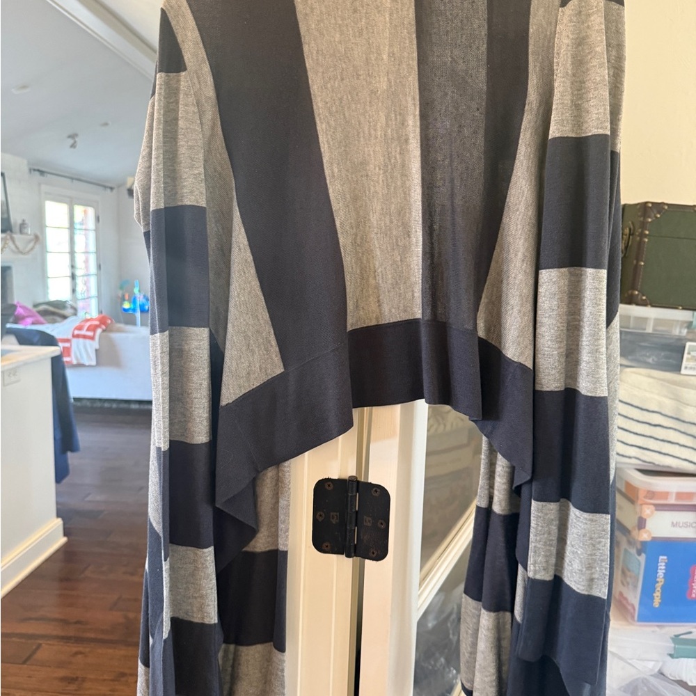 BCBGMaxAzria Navy and Gray Striped Open Front Cardigan